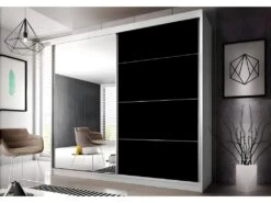 BERTO - Grande Armoire à Portes Coulissantes - Miroir - 5 étagères + Tringle - 218x183x61 Cm