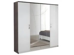 LUCIA - Armoire 4 Portes Laqué Blanc Et Chêne Anthracite