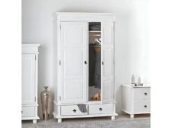 TRISTAN - Armoire 2 Portes 2 Tiroirs Bois Massif Vernis Blanc -Fren Soldes Boutique armoire et dressing 10060675