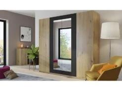 Armoire 4 Portes Avec Miroirs Couleur Chêne Et Noir - IRINA -Fren Soldes Boutique armoire et dressing 10478745
