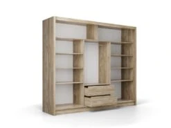 Armoire 3 Portes Coulissantes - Avec Miroir - L250 Cm - Coloris : Naturel Et Blanc - LEOVIA -Fren Soldes Boutique armoire et dressing 11732255