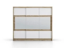 Armoire 3 Portes Coulissantes - Avec Miroir - L250 Cm - Coloris : Naturel Et Blanc - LEOVIA -Fren Soldes Boutique armoire et dressing 11732267