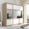 Armoire 3 Portes Coulissantes - Avec Miroir - L250 Cm - Coloris : Naturel Et Blanc - LEOVIA