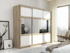 Armoire 3 Portes Coulissantes - Avec Miroir - L250 Cm - Coloris : Naturel Et Blanc - LEOVIA