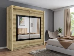 Armoire 2 Portes Coulissantes - Avec Miroir - L203 Cm - Coloris : Naturel - AUTLAN