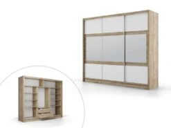 Armoire 3 Portes Coulissantes - Avec Miroir - L250 Cm - Coloris : Naturel Et Blanc - LEOVIA -Fren Soldes Boutique armoire et dressing 12308273