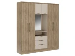 Armoire 6 Portes Et 3 Tiroirs - Avec Miroir - L180 Cm - Coloris : Naturel Et Beige - ELORIO -Fren Soldes Boutique armoire et dressing 14813911