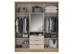 Armoire 6 Portes Et 3 Tiroirs - Avec Miroir - L180 Cm - Coloris : Naturel Et Beige - ELORIO -Fren Soldes Boutique armoire et dressing 14813913