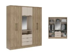 Armoire 6 Portes Et 3 Tiroirs - Avec Miroir - L180 Cm - Coloris : Naturel Et Beige - ELORIO -Fren Soldes Boutique armoire et dressing 15142229