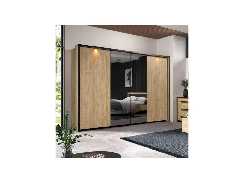 Armoire 2 Portes Coulissantes 245 Cm Chêne + LEDs - LOPEL 2 Armoire 2 Portes Coulissantes 245 Cm Chêne + LEDs - LOPEL – Image 2