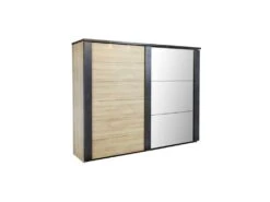 Armoire 217 Cm 2 Portes Coulissantes + Leds Chêne Naturel/Noir - ZEUS