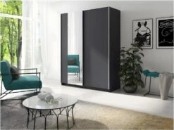 Armoire, Garde Robe 180cm Coloris Gris Graphite Collection GOZU. Deux Portes Coulissantes. Dressing Complet Avec Miroir. -Fren Soldes Boutique armoire et dressing 18064839