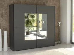 Armoire 2 Portes Coulissantes - Avec Miroir - L218 Cm - Anthracite - ALDORO