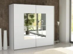 Armoire 2 Portes Coulissantes - Avec Miroir - L218 Cm - Blanc - ALDORO