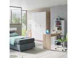 Armoire 3 Portes 3 Tiroirs Blanc/Chêne Clair - TAKAROS - L 121 X L 52 X H 180 Cm