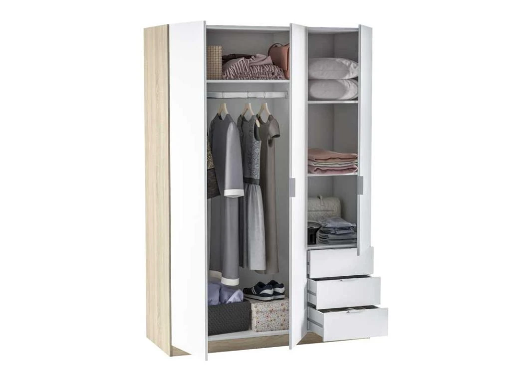 Armoire 3 Portes 3 Tiroirs Blanc/Chêne Clair - TAKAROS - L 121 X L 52 X H 180 Cm 3 Armoire 3 Portes 3 Tiroirs Blanc/Chêne Clair - TAKAROS - L 121 X L 52 X H 180 Cm – Image 3