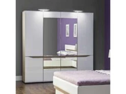 Armoire 4 Portes Battantes Blanc/Chêne à LED - ONIEL - L 198 X L 56 X H 201 Cm