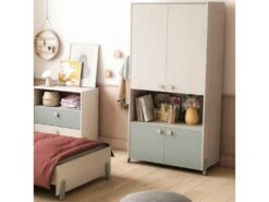 Armoire 4 Portes Battantes 1 Niche Bois Beige/vert - SASHA - L 89 X L 50 X H 183 Cm