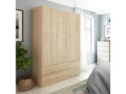 Armoire 3 Portes Battantes + 4 Tiroirs Chêne - WAO - L 135 X L 52 X H 200 Cm