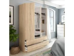 Armoire 3 Portes Battantes + 4 Tiroirs Chêne - WAO - L 135 X L 52 X H 200 Cm -Fren Soldes Boutique armoire et dressing 19721503