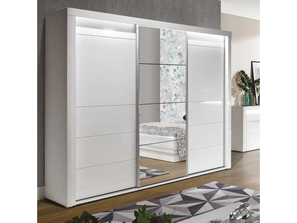 Armoire 3 Portes Coulissantes Blanc Brillant à LED - KIELE - L 235 X L 62 X H 210 Cm 1 Armoire 3 Portes Coulissantes Blanc Brillant à LED - KIELE - L 235 X L 62 X H 210 Cm