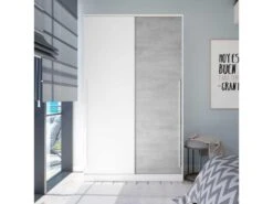 Armoire 2 Portes Coulissantes Blanc/Béton - PANDA - L 120 X L 50 X H 200 Cm