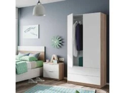 Armoire 2 Portes + 2 Tiroirs Blanc/Chêne - WAO - L 81.5 X L 52 X H 180 Cm