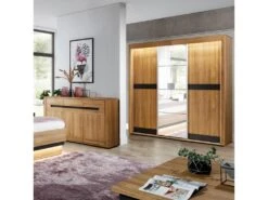 Armoire 3 Portes Coulissantes Miroir Chêne/Gris à Led - CRACOVIE - L 234 X L 62 X H 210 Cm -Fren Soldes Boutique armoire et dressing 19721755