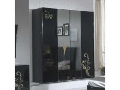 Armoire 2 Portes Coulissantes Laqué Noir Brillant / Or - SEBORGA - L 182 X L 63 X H 210 Cm