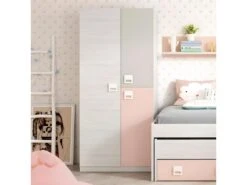 Armoire 3 Portes Battantes Bois Blanchi/Rose - LOMLOM - L 90 X L 52 X H 200 Cm