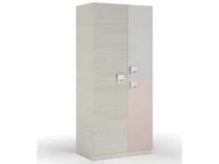 Armoire 3 Portes Battantes Bois Blanchi/Rose - LOMLOM - L 90 X L 52 X H 200 Cm -Fren Soldes Boutique armoire et dressing 21266809