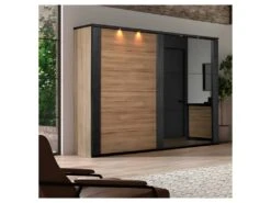 Armoire 280 Cm 2 Portes Coulissantes + Leds Chêne Naturel/Noir - ZEUS