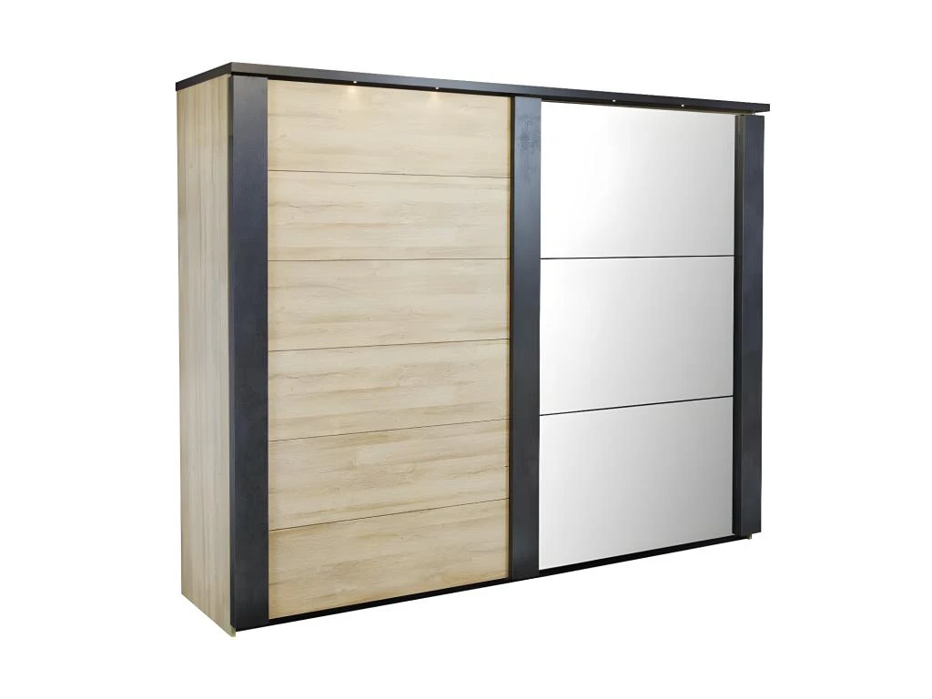 Armoire 280 Cm 2 Portes Coulissantes + Leds Chêne Naturel/Noir - ZEUS 2 Armoire 280 Cm 2 Portes Coulissantes + Leds Chêne Naturel/Noir - ZEUS – Image 2