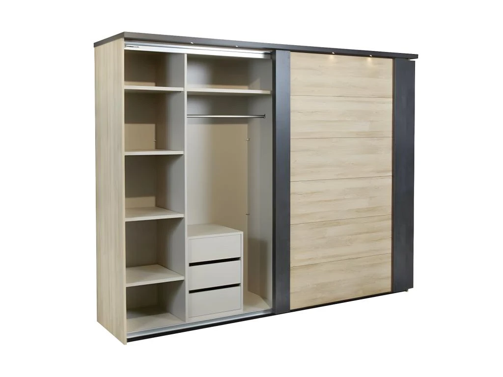 Armoire 280 Cm 2 Portes Coulissantes + Leds Chêne Naturel/Noir - ZEUS 3 Armoire 280 Cm 2 Portes Coulissantes + Leds Chêne Naturel/Noir - ZEUS – Image 3
