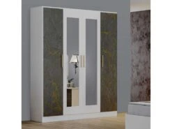 Armoire 4 Portes Battantes Blanc/Marbre Gris Brillant - MARGUERITE - L 162 X L 52 X H 199 Cm
