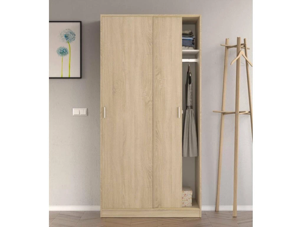 Vestiaire Dagnan, Armoire De Chambre à 2 Portes Coulissantes, Armoire Avec étagère Et Barre De Cintre, 100x50h200 Cm, Chêne 2 Vestiaire Dagnan, Armoire De Chambre à 2 Portes Coulissantes, Armoire Avec étagère Et Barre De Cintre, 100x50h200 Cm, Chêne – Image 2