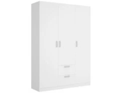 Armoire Argentella, Portemanteau Pour Chambre, Armoire Avec 3 Portes Battantes Et 2 Tiroirs, 150x52h215 Cm, Blanc