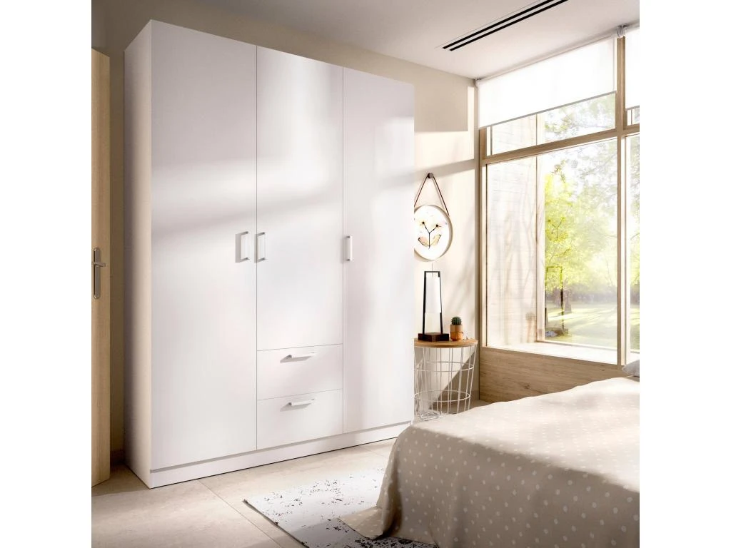 Armoire Argentella, Portemanteau Pour Chambre, Armoire Avec 3 Portes Battantes Et 2 Tiroirs, 150x52h215 Cm, Blanc 2 Armoire Argentella, Portemanteau Pour Chambre, Armoire Avec 3 Portes Battantes Et 2 Tiroirs, 150x52h215 Cm, Blanc – Image 2