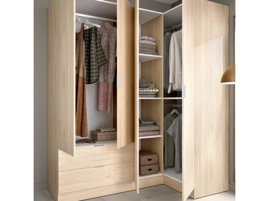 Armoire Sillara, Meubles D'angle Pour Chambre à Coucher, Armoire D'angle Avec 4 Portes Battantes, 174x91h184 Cm, Chêne 5 Armoire Sillara, Meubles D'angle Pour Chambre à Coucher, Armoire D'angle Avec 4 Portes Battantes, 174x91h184 Cm, Chêne – Image 5