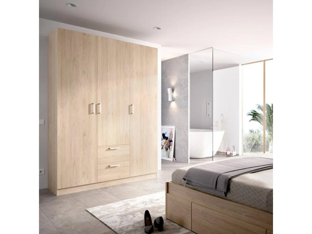 Armoire Argentella, Portemanteau Pour Chambre, Armoire Avec 3 Portes Battantes Et 2 Tiroirs, 150x52h215 Cm, Chêne 2 Armoire Argentella, Portemanteau Pour Chambre, Armoire Avec 3 Portes Battantes Et 2 Tiroirs, 150x52h215 Cm, Chêne – Image 2