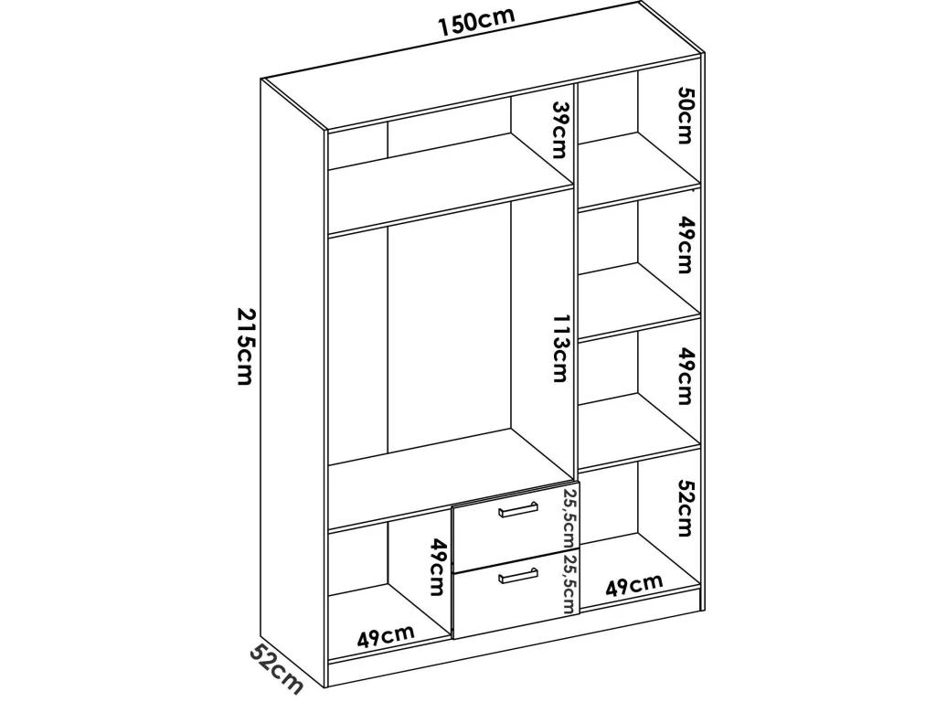 Armoire Argentella, Portemanteau Pour Chambre, Armoire Avec 3 Portes Battantes Et 2 Tiroirs, 150x52h215 Cm, Chêne 3 Armoire Argentella, Portemanteau Pour Chambre, Armoire Avec 3 Portes Battantes Et 2 Tiroirs, 150x52h215 Cm, Chêne – Image 3