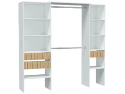 Armoire Worland, Meubles De Chambre à Coucher, Cintre Avec étagères Et Tiroirs 3, 196x40h187 Cm, Blanc Et Chêne