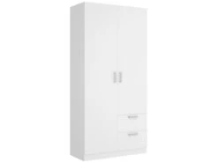 Armoire Velino, Portemanteau Pour Chambre, Armoire Avec 2 Portes Battantes Et 2 Tiroirs, 100x52h215 Cm, Blanc