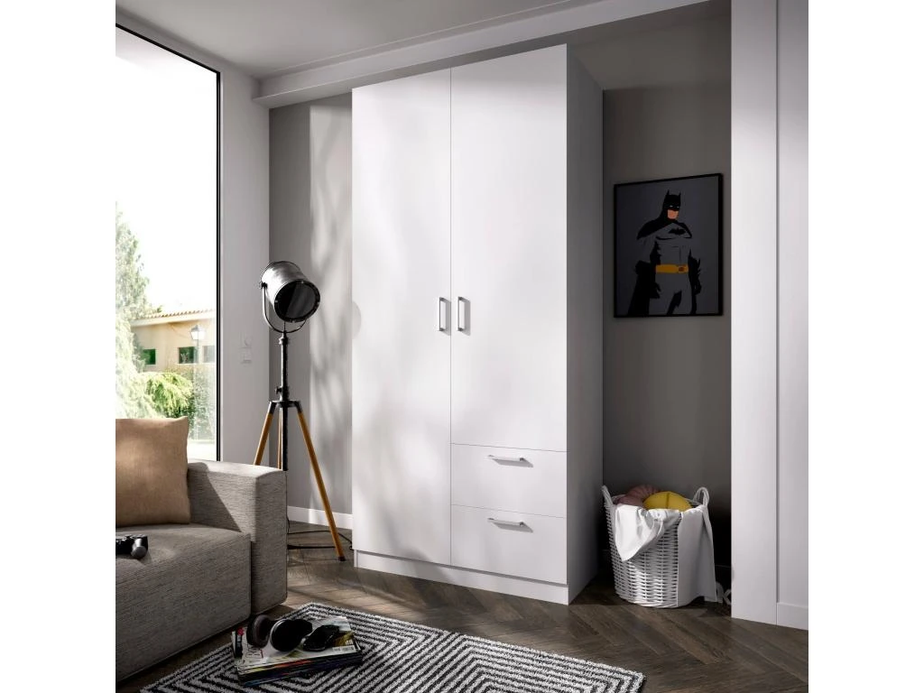 Armoire Velino, Portemanteau Pour Chambre, Armoire Avec 2 Portes Battantes Et 2 Tiroirs, 100x52h215 Cm, Blanc 2 Armoire Velino, Portemanteau Pour Chambre, Armoire Avec 2 Portes Battantes Et 2 Tiroirs, 100x52h215 Cm, Blanc – Image 2