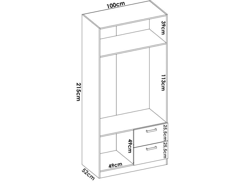 Armoire Velino, Portemanteau Pour Chambre, Armoire Avec 2 Portes Battantes Et 2 Tiroirs, 100x52h215 Cm, Blanc 3 Armoire Velino, Portemanteau Pour Chambre, Armoire Avec 2 Portes Battantes Et 2 Tiroirs, 100x52h215 Cm, Blanc – Image 3