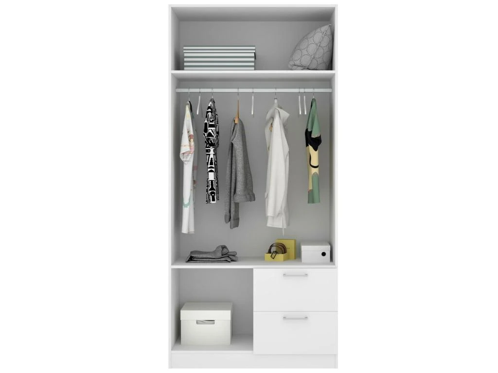 Armoire Velino, Portemanteau Pour Chambre, Armoire Avec 2 Portes Battantes Et 2 Tiroirs, 100x52h215 Cm, Blanc 4 Armoire Velino, Portemanteau Pour Chambre, Armoire Avec 2 Portes Battantes Et 2 Tiroirs, 100x52h215 Cm, Blanc – Image 4