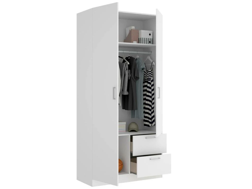 Armoire Velino, Portemanteau Pour Chambre, Armoire Avec 2 Portes Battantes Et 2 Tiroirs, 100x52h215 Cm, Blanc 5 Armoire Velino, Portemanteau Pour Chambre, Armoire Avec 2 Portes Battantes Et 2 Tiroirs, 100x52h215 Cm, Blanc – Image 5