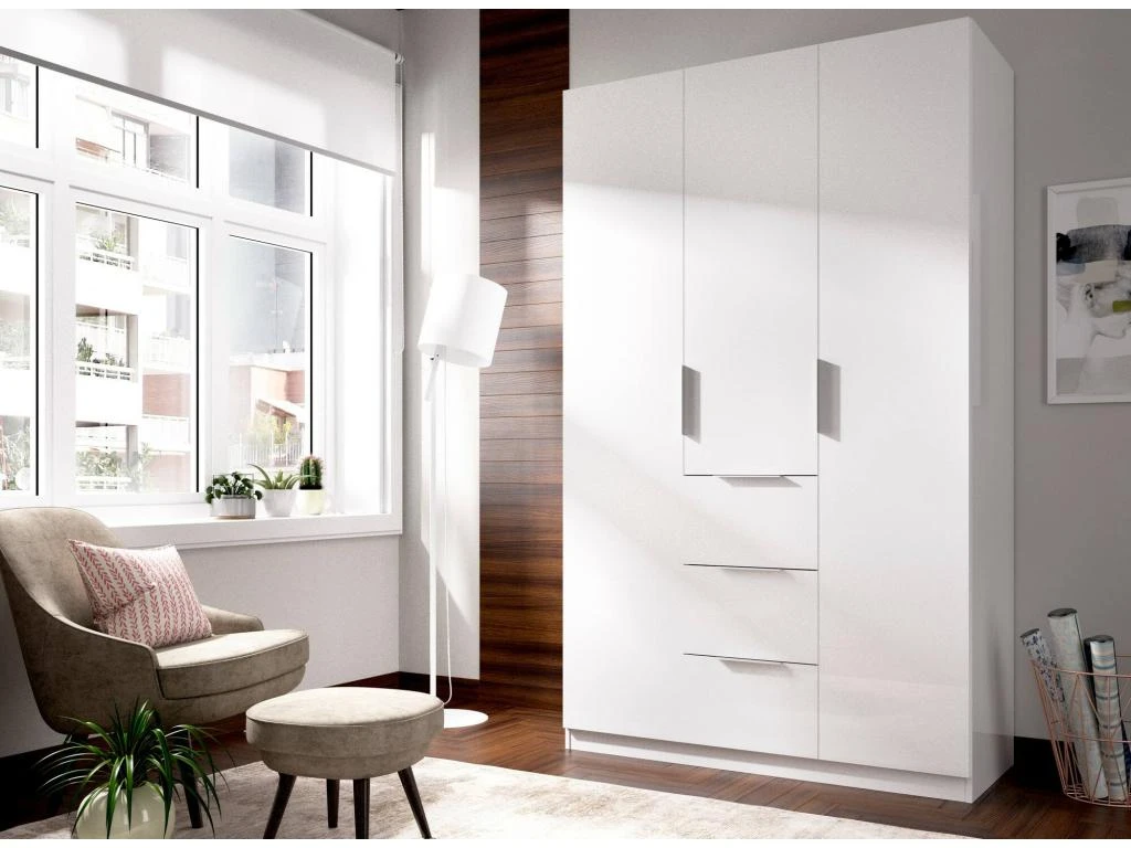 Armoire Falterona, Portemanteau Pour Chambre, Armoire Avec 3 Portes Battantes Et 3 Tiroirs, 135x52h204 Cm, Blanc 2 Armoire Falterona, Portemanteau Pour Chambre, Armoire Avec 3 Portes Battantes Et 3 Tiroirs, 135x52h204 Cm, Blanc – Image 2
