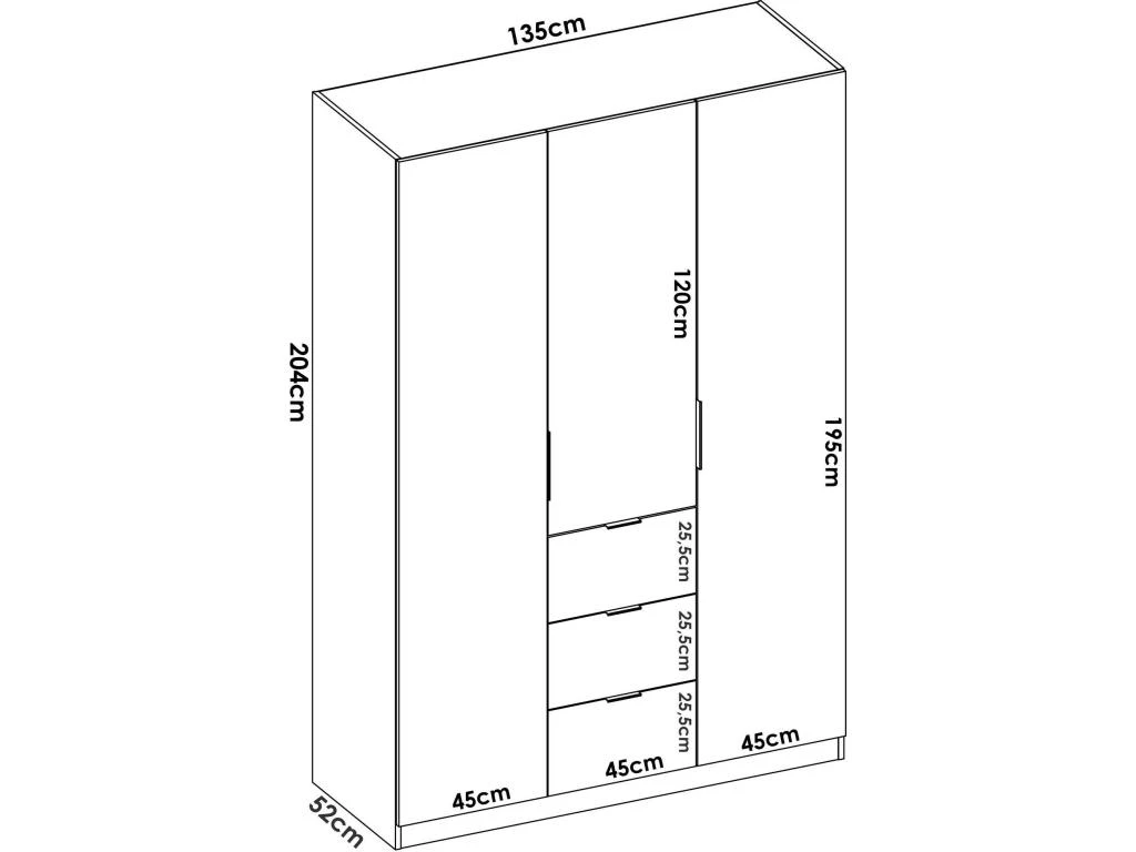 Armoire Falterona, Portemanteau Pour Chambre, Armoire Avec 3 Portes Battantes Et 3 Tiroirs, 135x52h204 Cm, Blanc 3 Armoire Falterona, Portemanteau Pour Chambre, Armoire Avec 3 Portes Battantes Et 3 Tiroirs, 135x52h204 Cm, Blanc – Image 3
