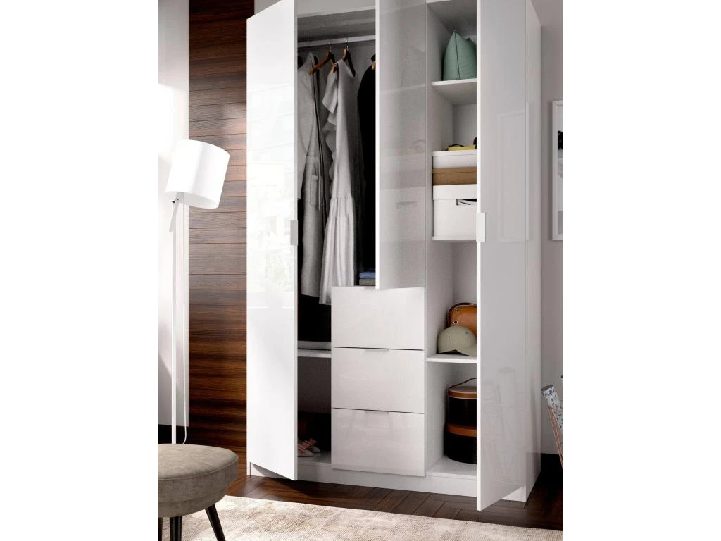 Armoire Falterona, Portemanteau Pour Chambre, Armoire Avec 3 Portes Battantes Et 3 Tiroirs, 135x52h204 Cm, Blanc 4 Armoire Falterona, Portemanteau Pour Chambre, Armoire Avec 3 Portes Battantes Et 3 Tiroirs, 135x52h204 Cm, Blanc – Image 4